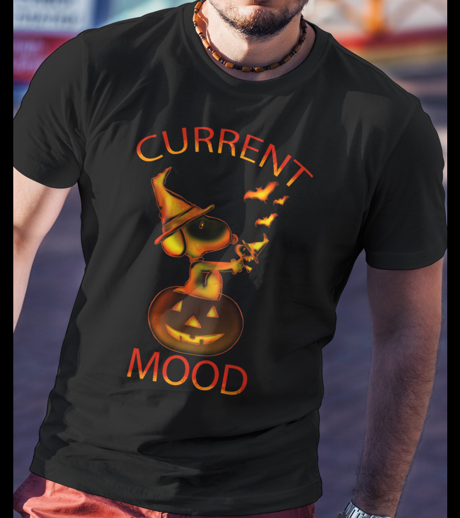 Current Mood Halloween Snoopy Wizard On Pumpkin With Bats From The Peanuts Movie T-Shirt