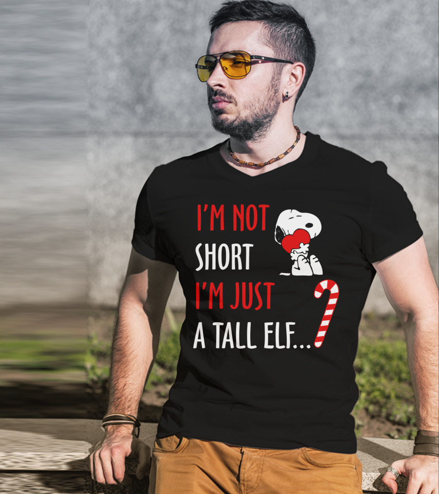 I'm Not Short I'm Just A Tall Elf Snoopy Candy Cane Hugging Heart T-Shirt