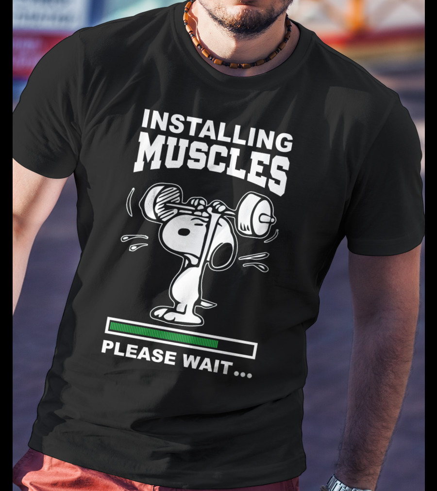 Installing Muscles Please Wait Snoopy Lifting Weights Peanuts T-Shirt