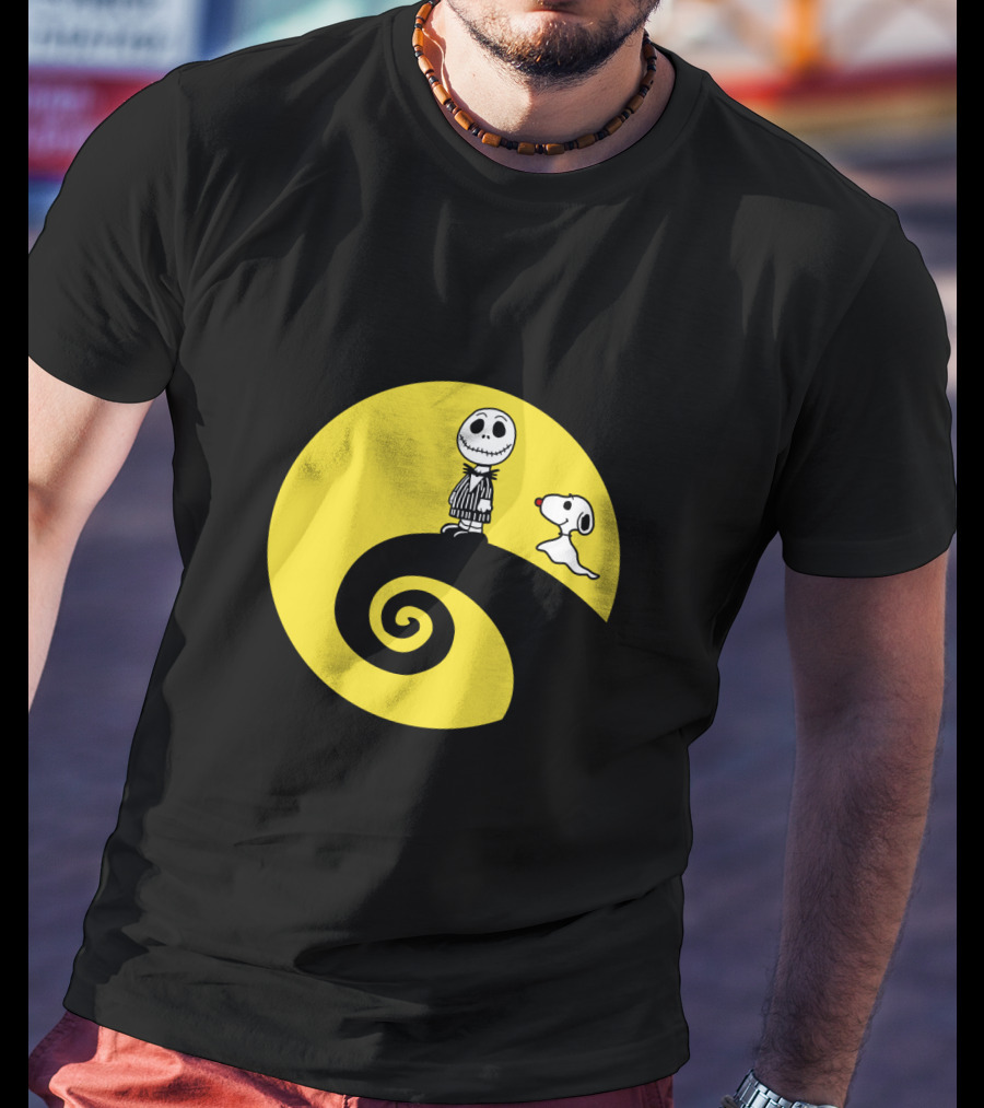 Jack Skellington And Snoopy Crossover In The Peanuts Movie Halloween Scene T-Shirt