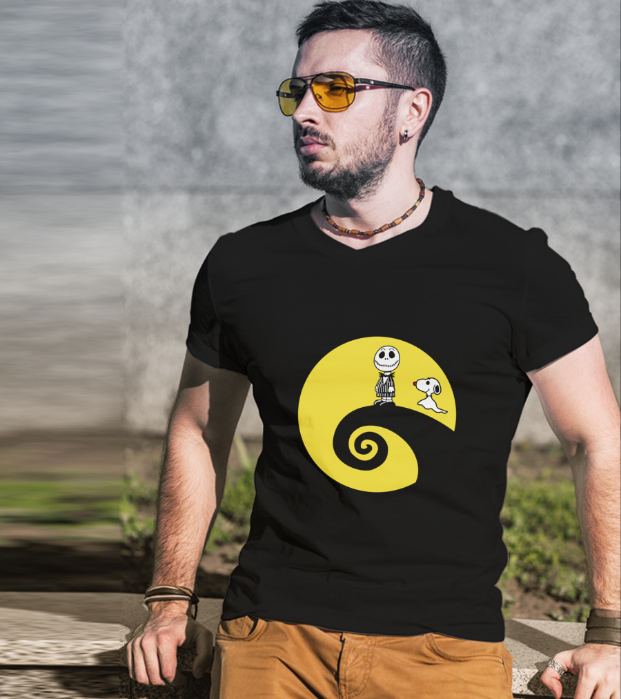 Jack Skellington And Snoopy Crossover In The Peanuts Movie Halloween Scene T-Shirt