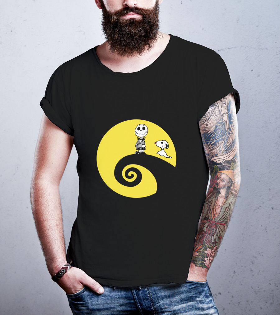 Jack Skellington And Snoopy Crossover In The Peanuts Movie Halloween Scene T-Shirt
