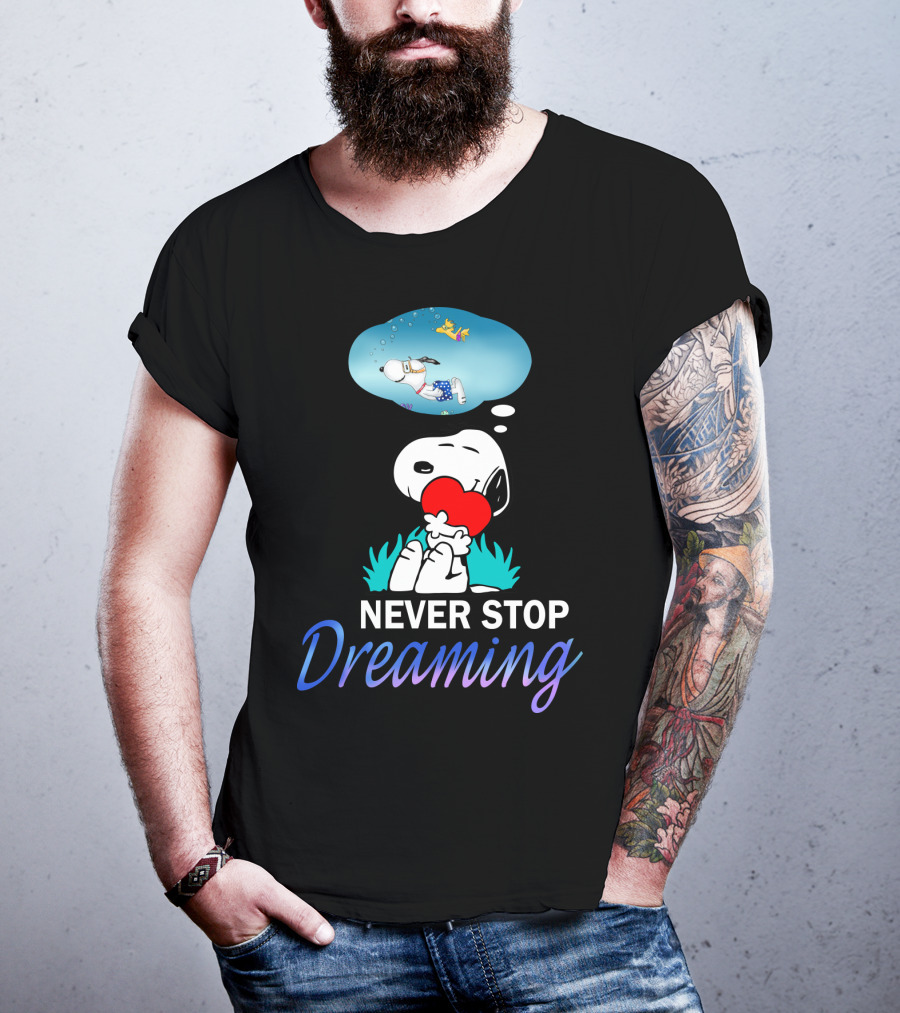 Never Stop Dreaming Snoopy Hugging Red Heart With Woodstock The Peanuts Movie T-Shirt