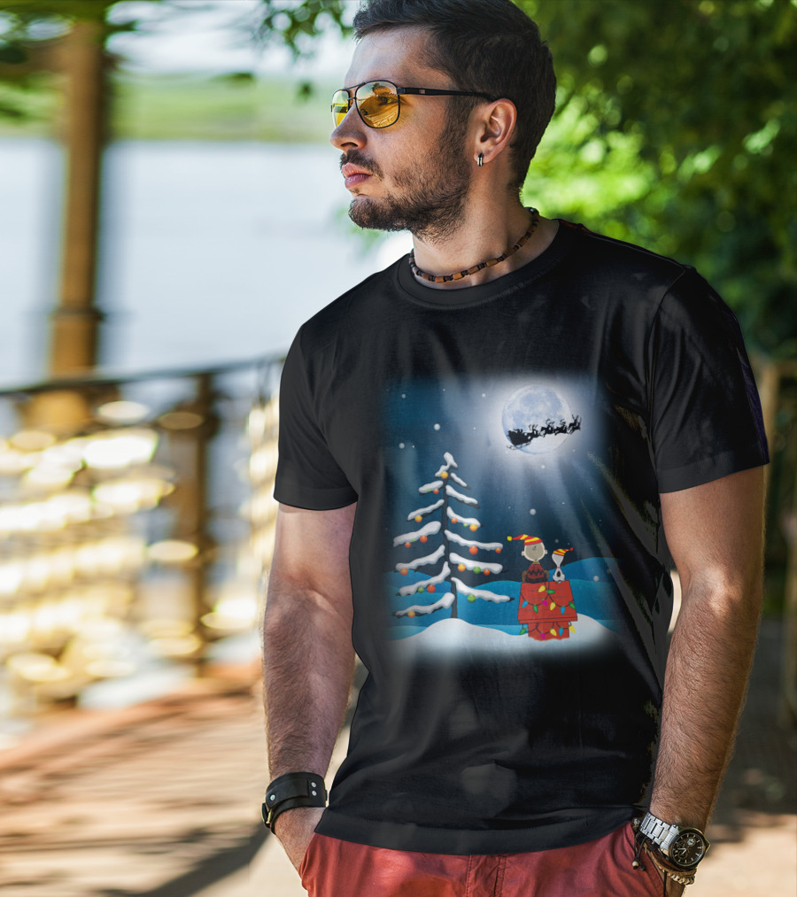 Noel Night Snoopy Peanuts Movie Christmas Scene Santa Sleigh Winter Tree With Lights T-Shirt