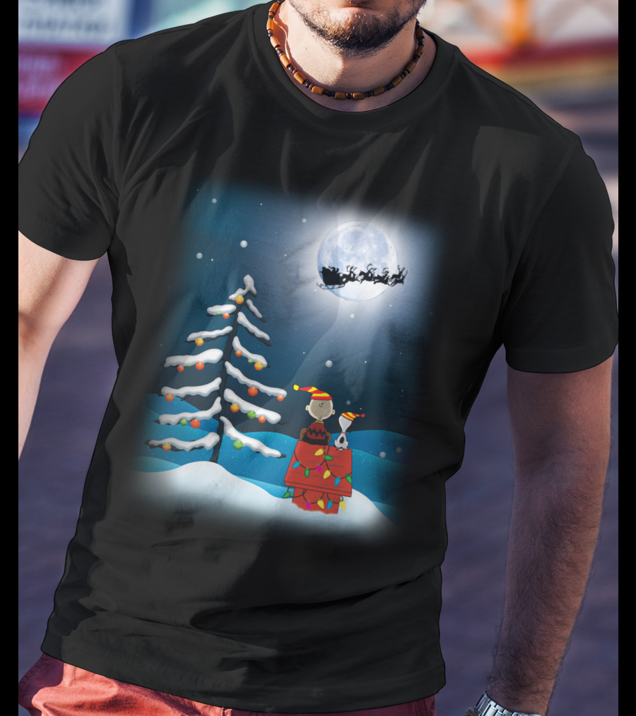Noel Night Snoopy Peanuts Movie Christmas Scene Santa Sleigh Winter Tree With Lights T-Shirt