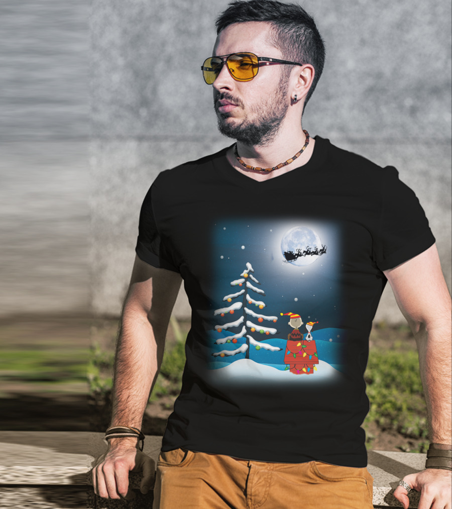 Noel Night Snoopy Peanuts Movie Christmas Scene Santa Sleigh Winter Tree With Lights T-Shirt