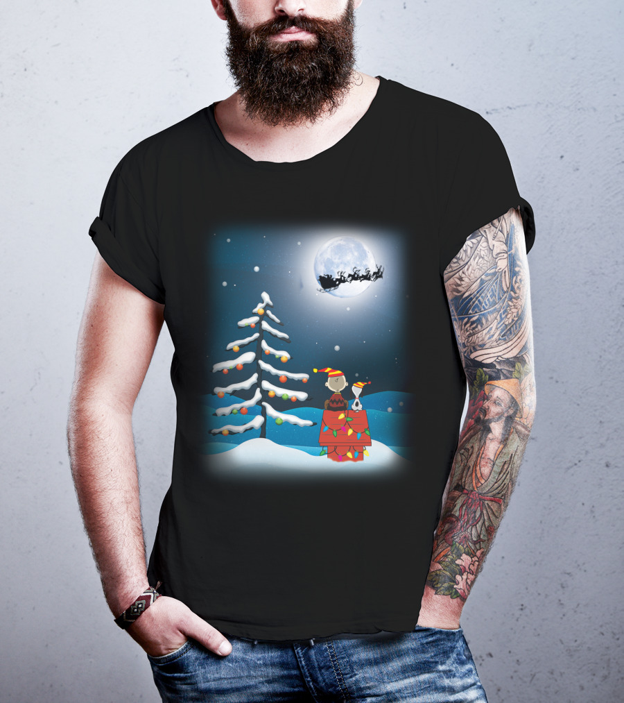 Noel Night Snoopy Peanuts Movie Christmas Scene Santa Sleigh Winter Tree With Lights T-Shirt