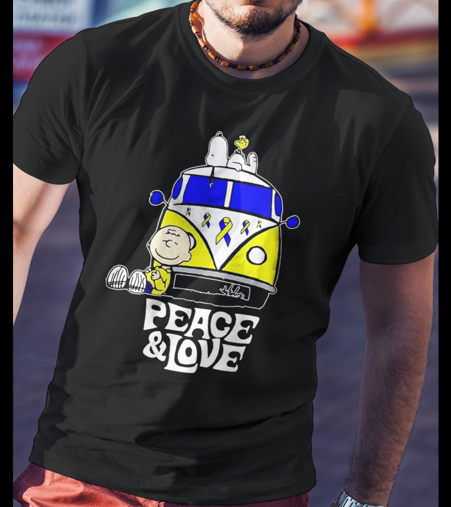 Peace And Love Snoopy Woodstock Yellow Ribbon Van Peanuts Cancer Warrior T-Shirt