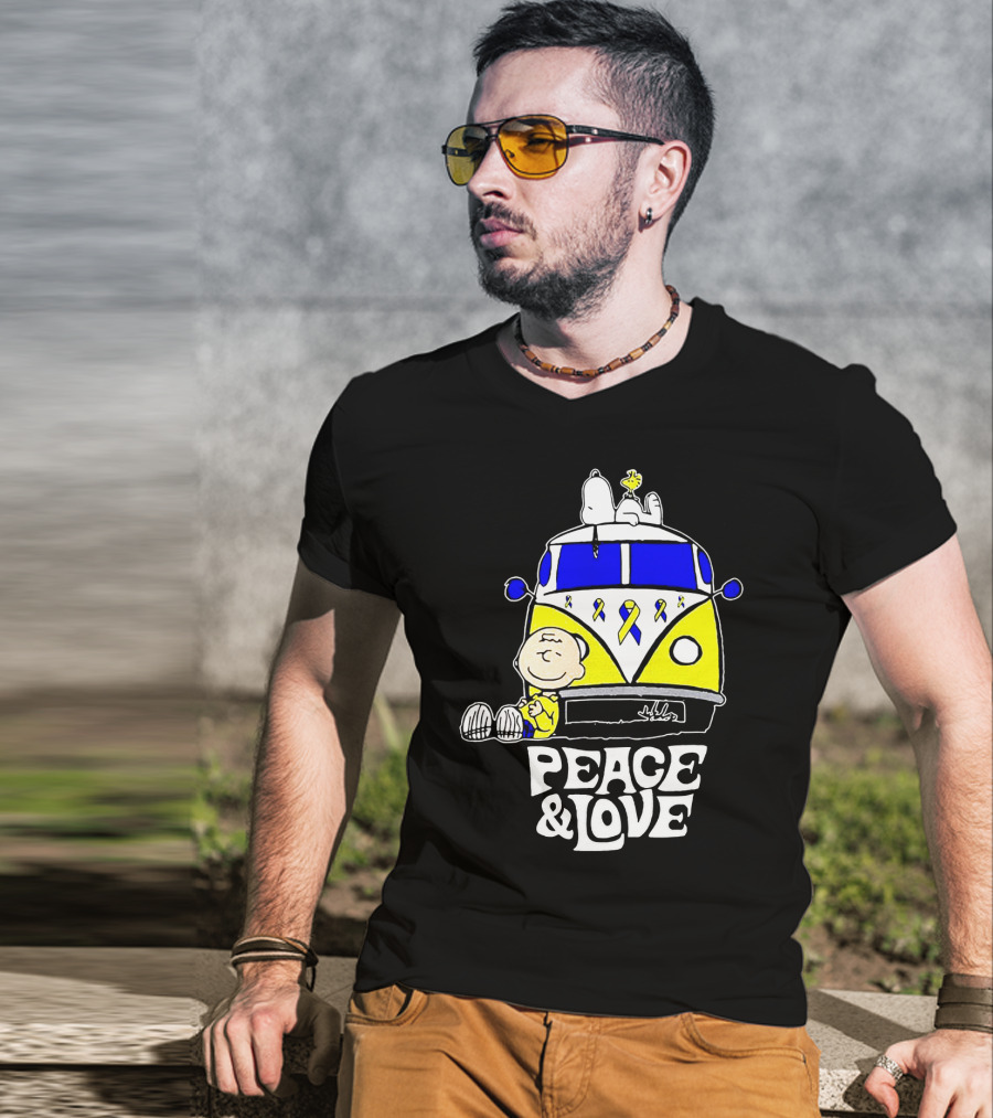 Peace And Love Snoopy Woodstock Yellow Ribbon Van Peanuts Cancer Warrior T-Shirt