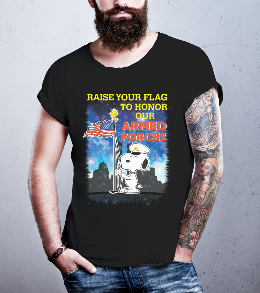 Raise Your Flag To Honor Our Armed Forces With Snoopy From The Peanuts Movie T-Shirt