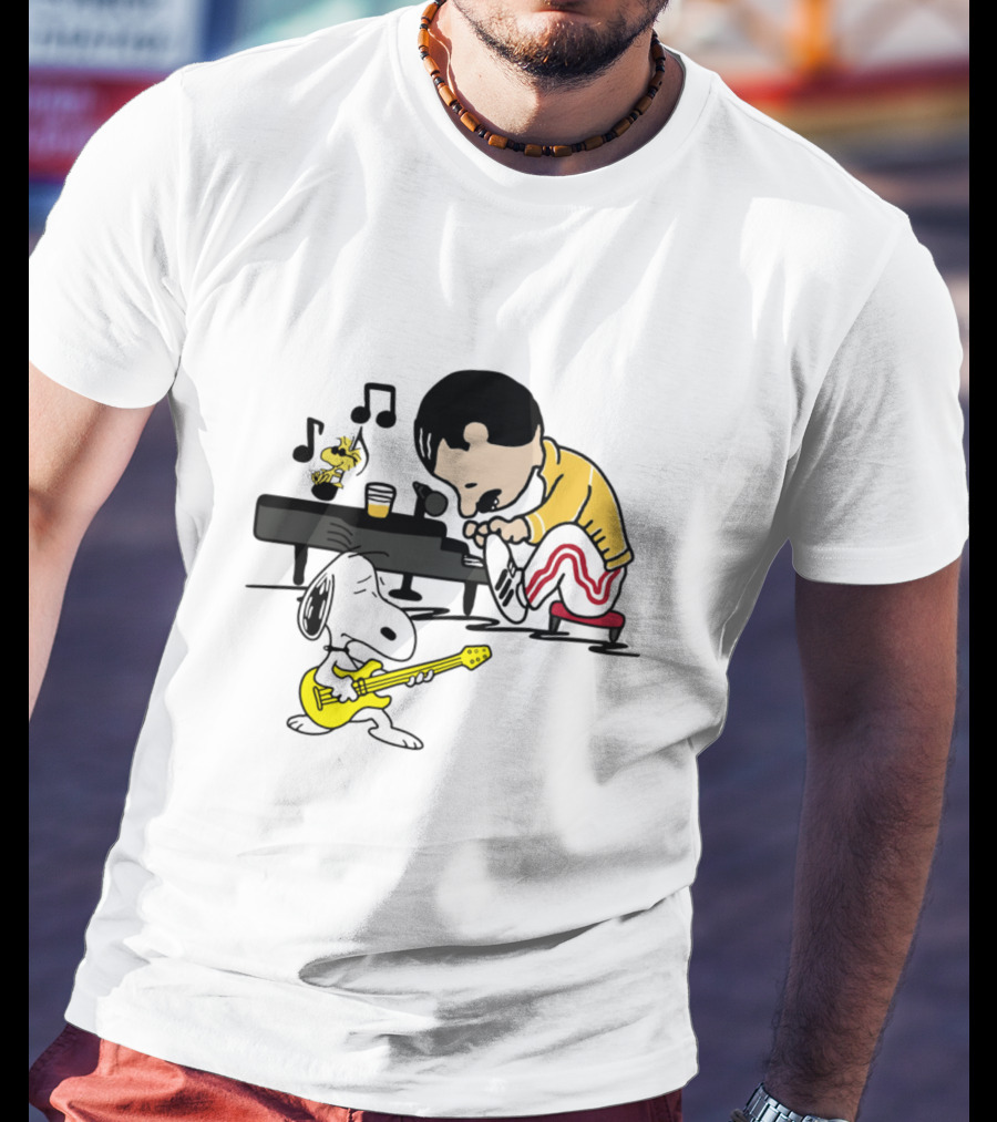 Freddie Mercury Playing Piano With Snoopy Guitar Peanuts Movie Scene T-Shirt