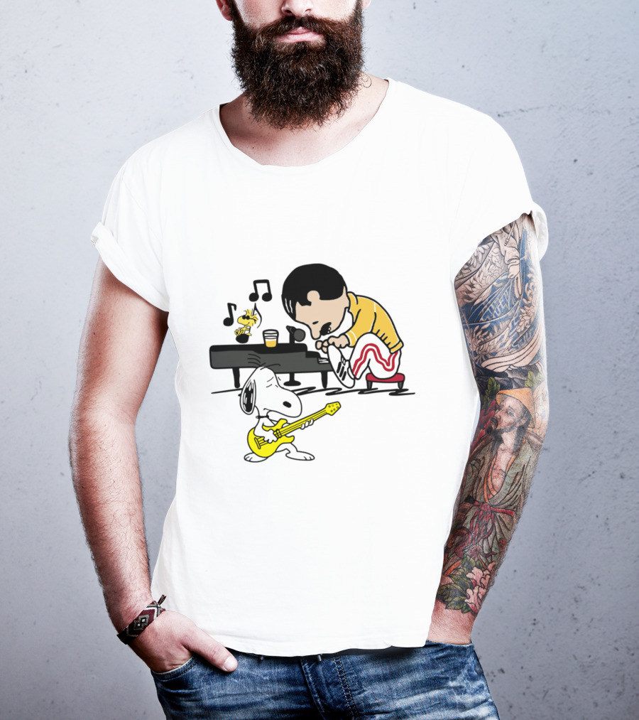 Freddie Mercury Playing Piano With Snoopy Guitar Peanuts Movie Scene T-Shirt