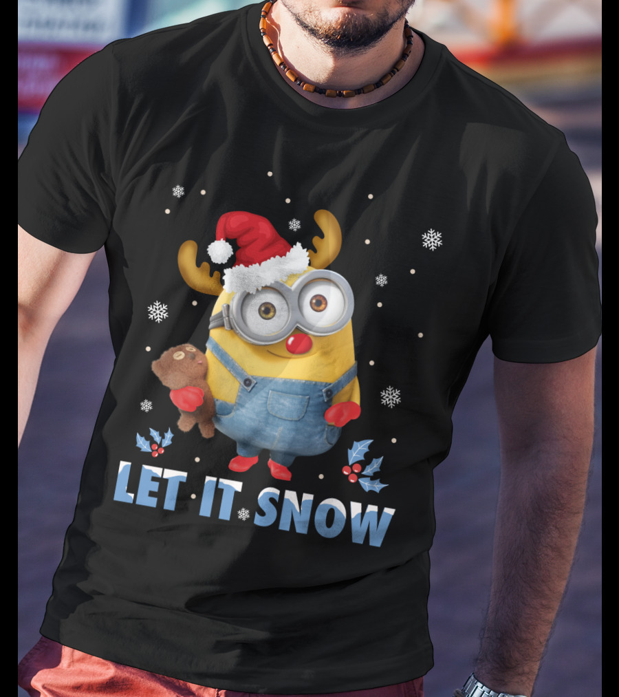 Let It Snow Xmas Minions Despicable Me Santa Hat Reindeer Antlers Toy T-Shirt