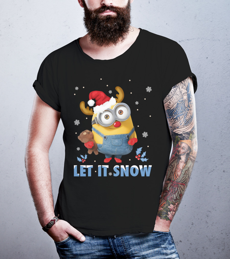 Let It Snow Xmas Minions Despicable Me Santa Hat Reindeer Antlers Toy T-Shirt
