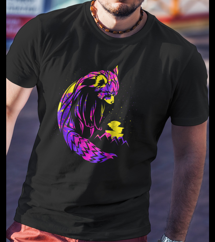 Red Panda Tribal Neon Night Mountains T-Shirt