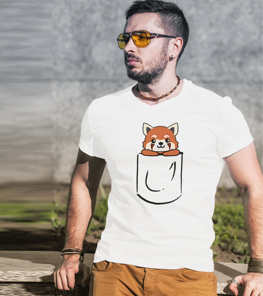 Cute Red Panda Peeking Out Of Pocket T-Shirt