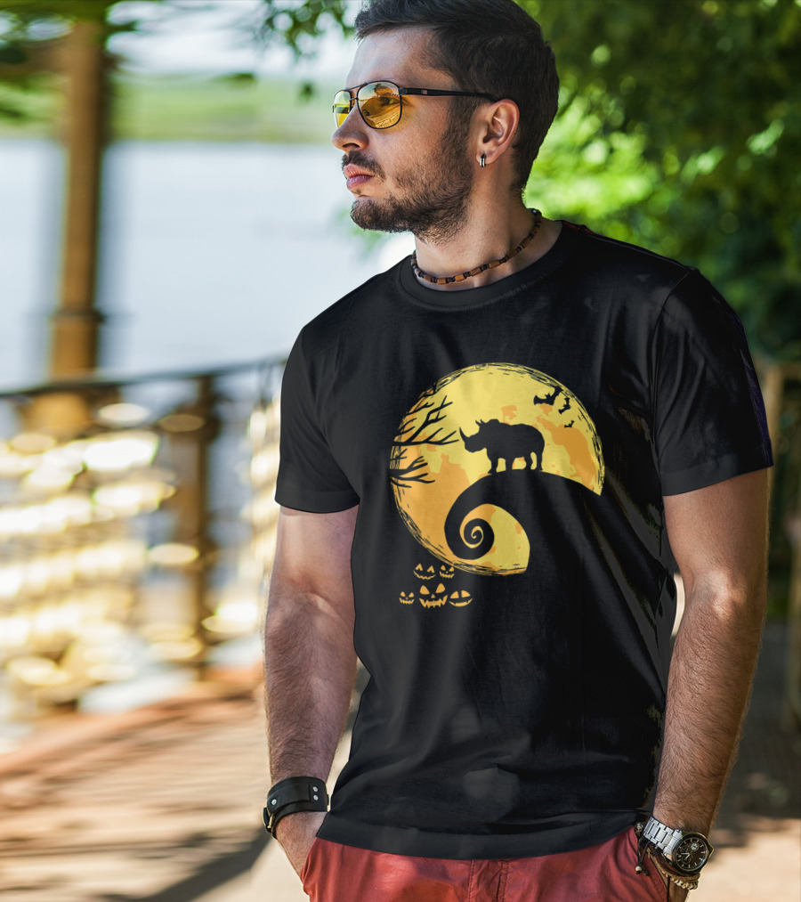 Funny Rhino And Moon Halloween Parody With Jack-O'-Lanterns And Bat T-Shirt