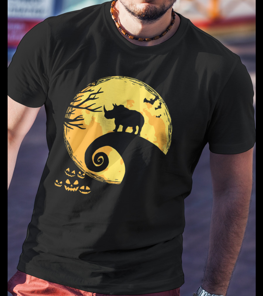 Funny Rhino And Moon Halloween Parody With Jack-O'-Lanterns And Bat T-Shirt