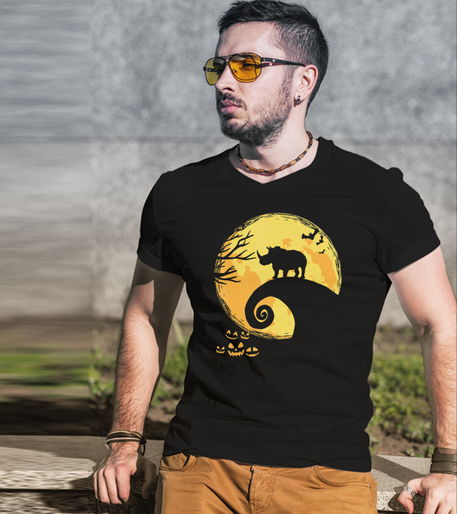 Funny Rhino And Moon Halloween Parody With Jack-O'-Lanterns And Bat T-Shirt