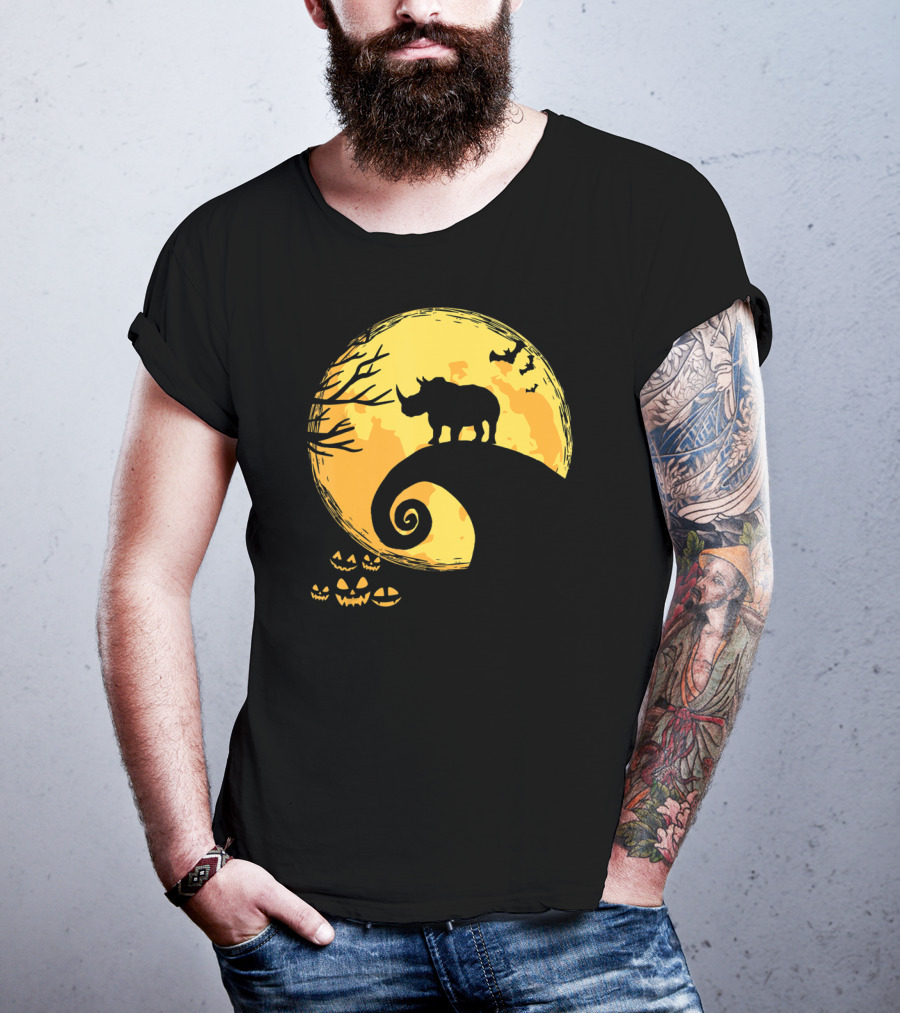 Funny Rhino And Moon Halloween Parody With Jack-O'-Lanterns And Bat T-Shirt