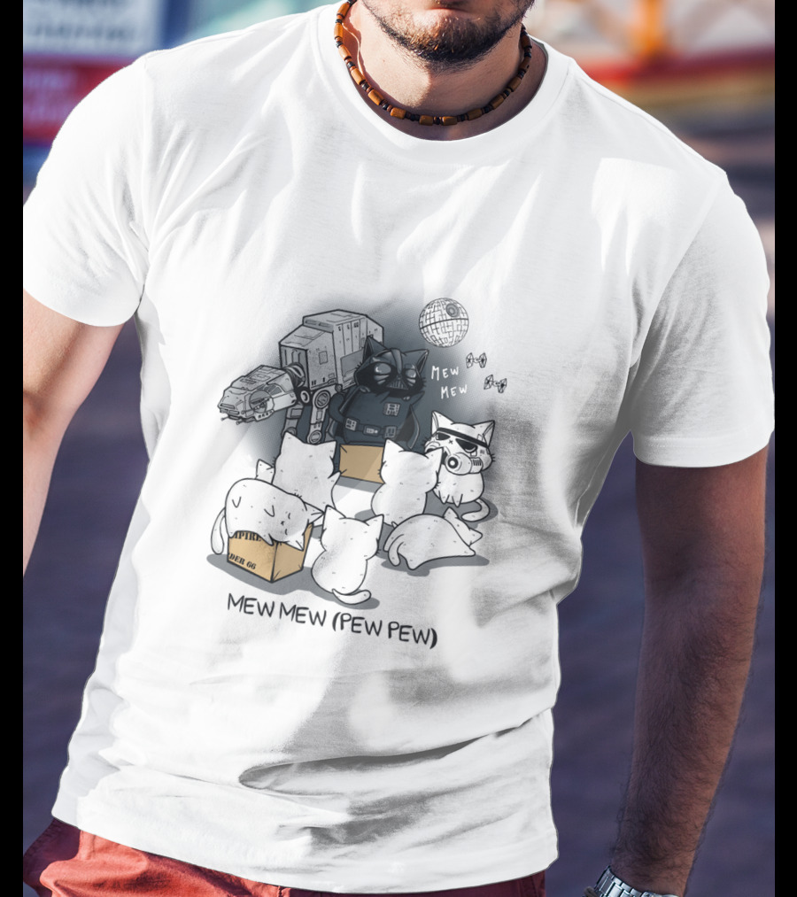 Mew Mew Pew Pew Cat Darth Vader Star Wars Kittens With Death Star And Imperial Walker T-Shirt