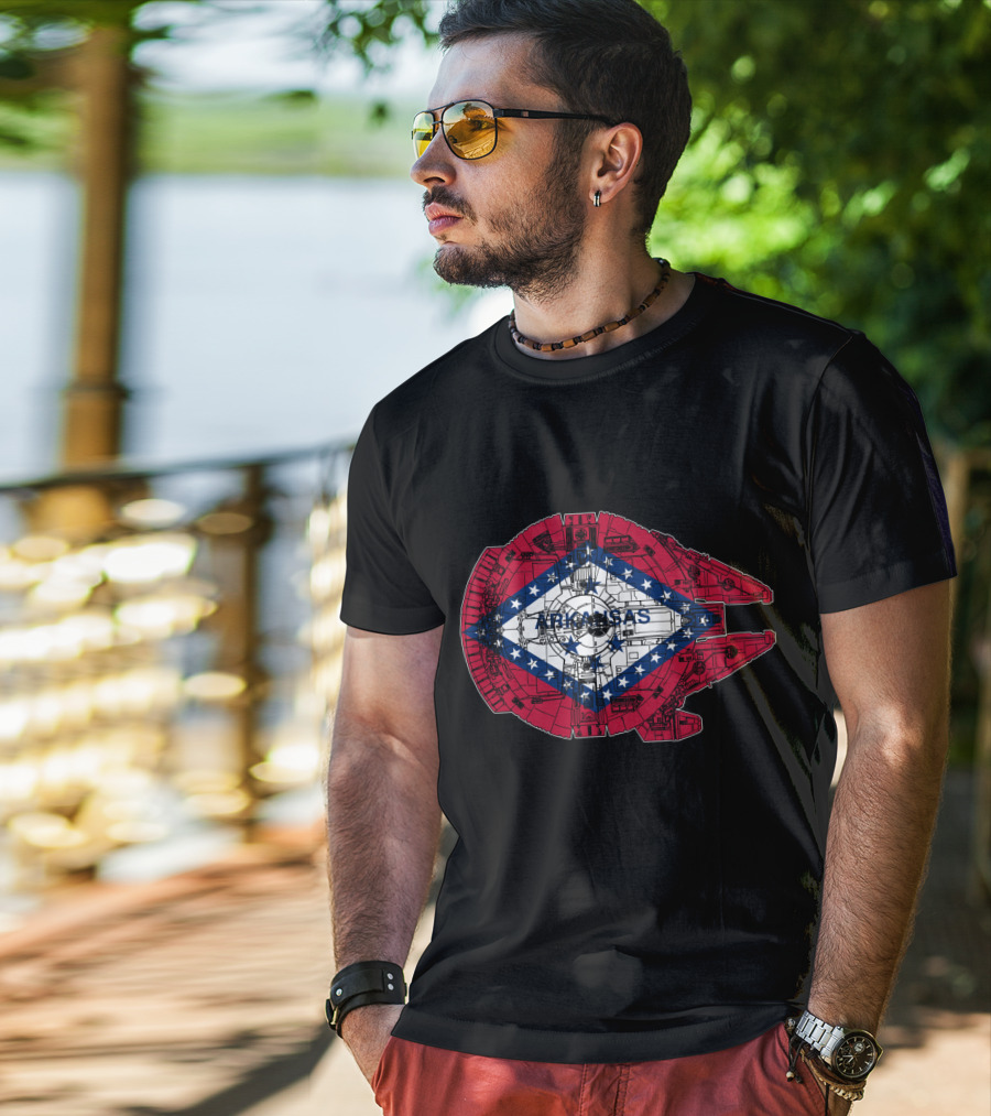 Arkansas Flag Overlaid On Millennium Falcon T-Shirt