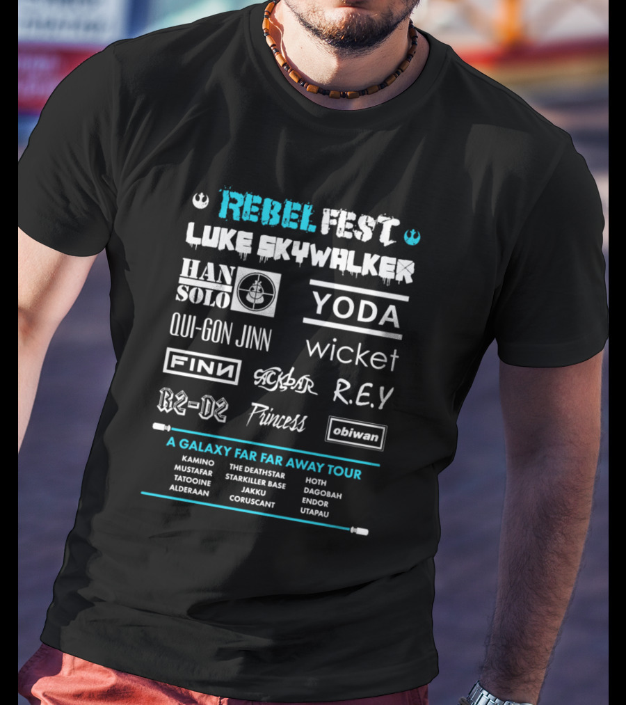 Rebel Fest Luke Skywalker Han Solo Yoda Qui-Gon Jinn Finn R2-D2 A Galaxy Far Far Away Tour T-Shirt