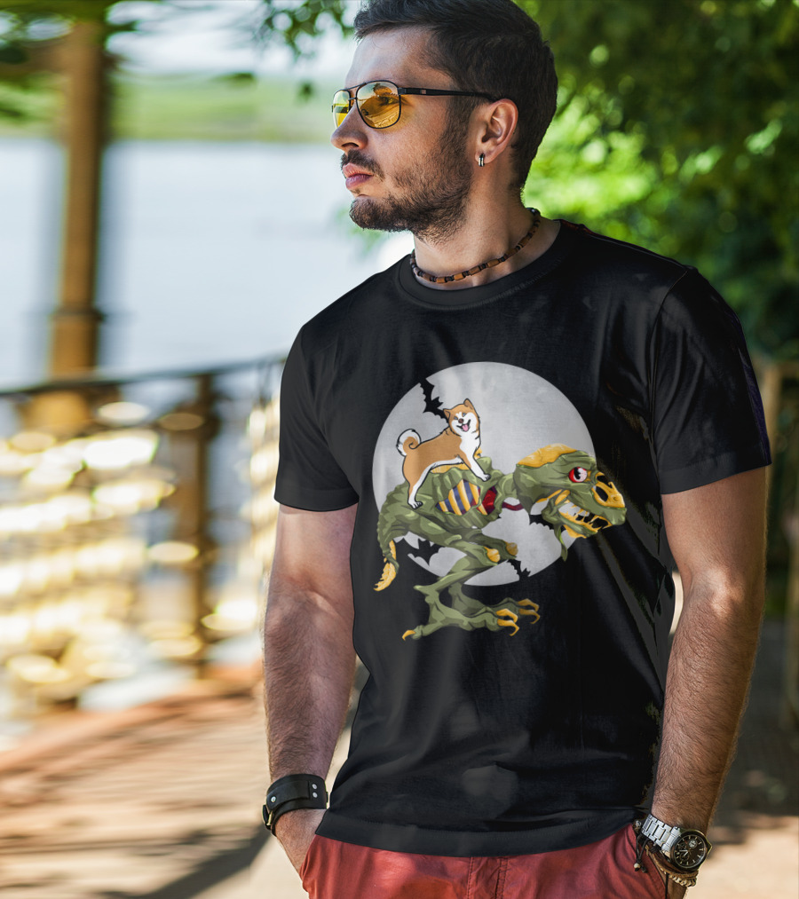 Akita Riding Dinosaur Skeleton Under Full Moon With Bats T-Shirt