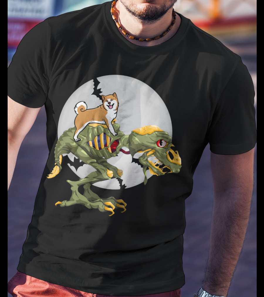 Akita Riding Dinosaur Skeleton Under Full Moon With Bats T-Shirt