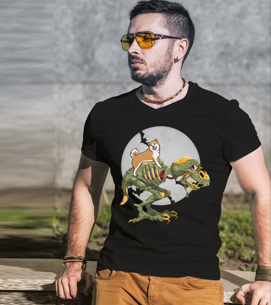 Akita Riding Dinosaur Skeleton Under Full Moon With Bats T-Shirt