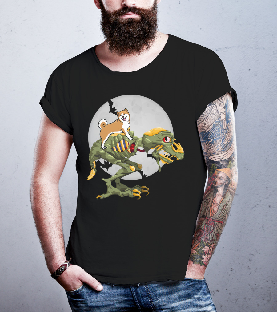 Akita Riding Dinosaur Skeleton Under Full Moon With Bats T-Shirt