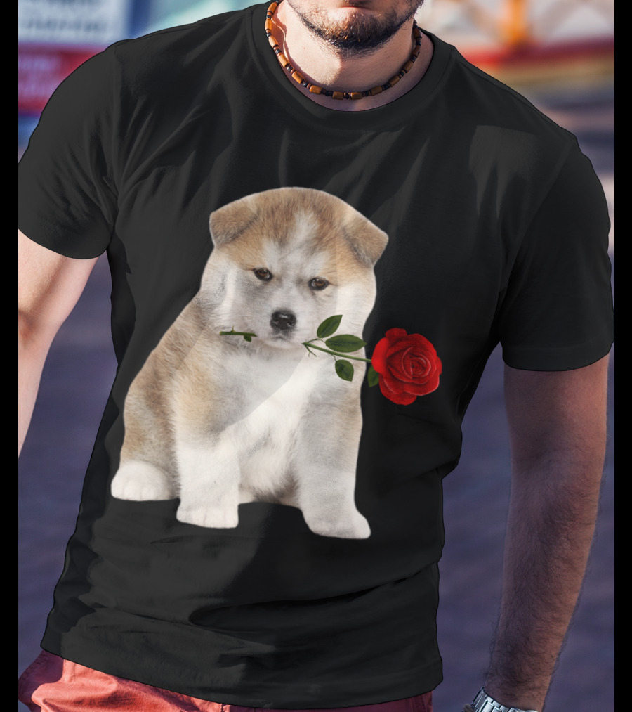 Akita Puppy Holding Red Rose T-Shirt