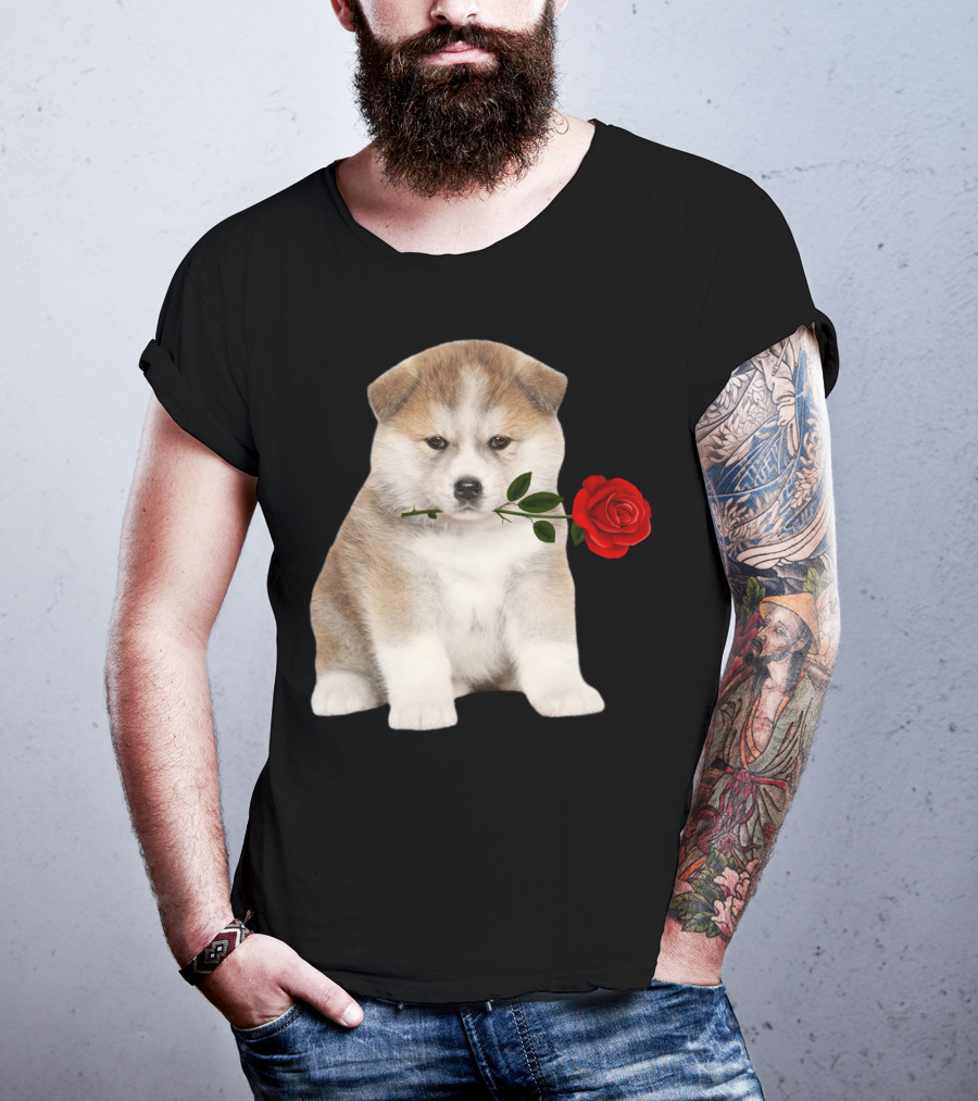 Akita Puppy Holding Red Rose T-Shirt