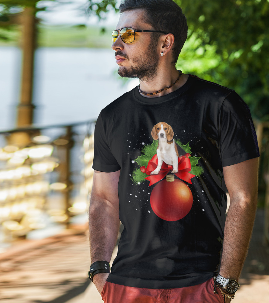 Beagle Red Christmas Ornament With Holly And Snowflakes T-Shirt
