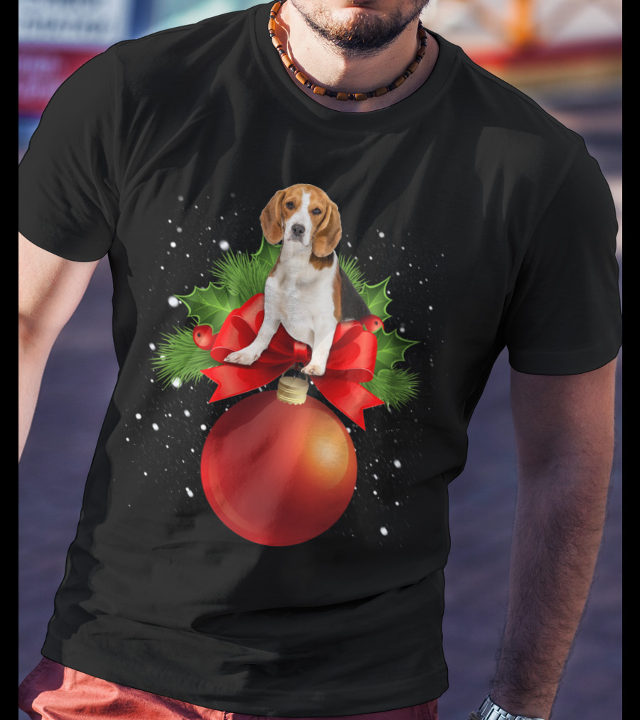 Beagle Red Christmas Ornament With Holly And Snowflakes T-Shirt