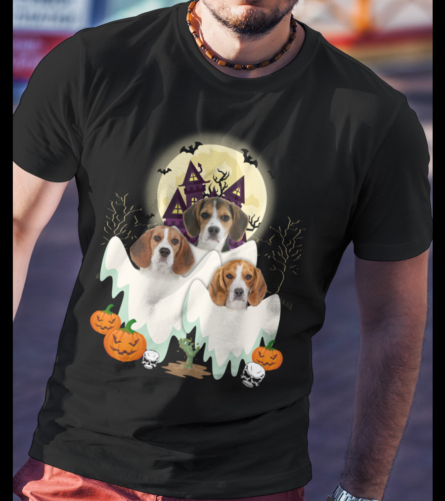 Beagle Halloween Ghosts Haunted House Pumpkins Bats Moon T-Shirt