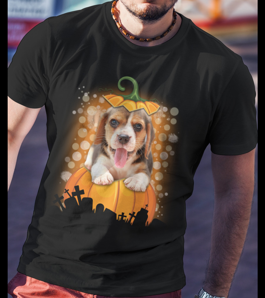 Beagle Puppy On Halloween Pumpkin Graveyard Scene T-Shirt