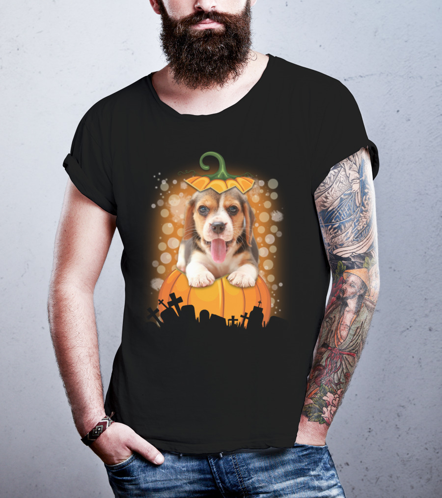 Beagle Puppy On Halloween Pumpkin Graveyard Scene T-Shirt