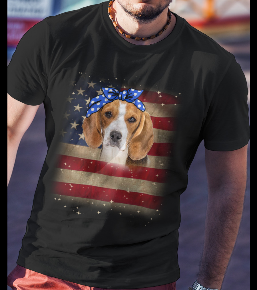 Beagle With Blue Polka Dot Bow On American Flag Background T-Shirt