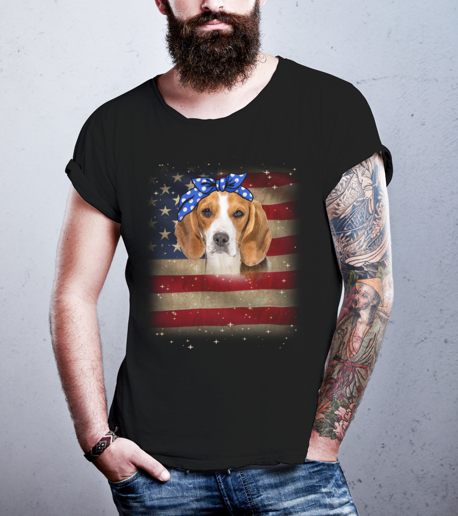 Beagle With Blue Polka Dot Bow On American Flag Background T-Shirt