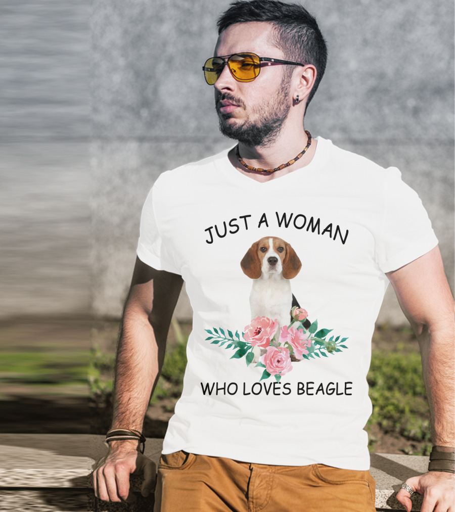 Just A Woman Who Loves Beagle With Pink Flowers T-Shirt