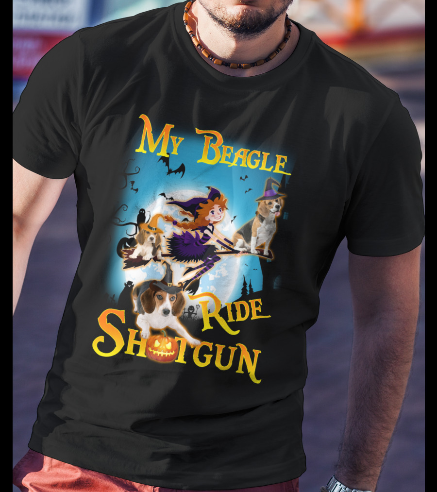 My Beagle Ride Shotgun Witch Halloween Beagle Bats Moon Jack O Lantern T-Shirt