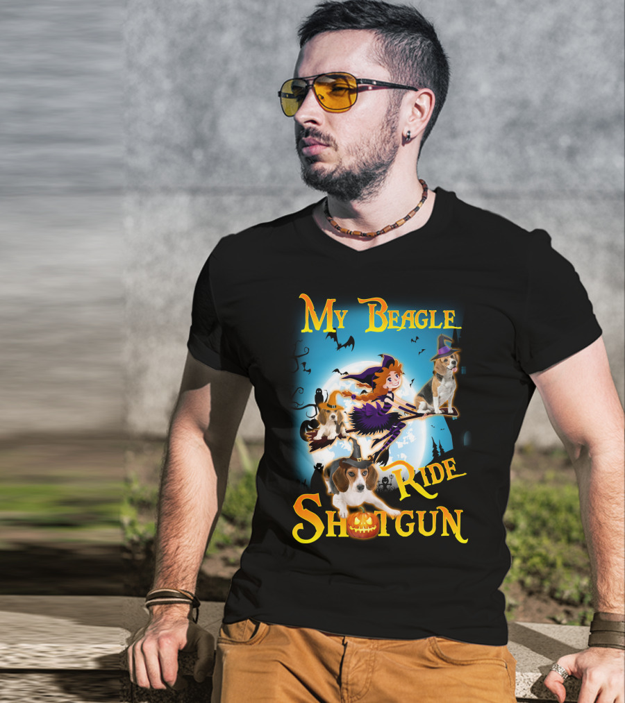 My Beagle Ride Shotgun Witch Halloween Beagle Bats Moon Jack O Lantern T-Shirt