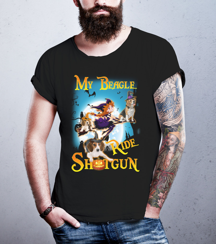 My Beagle Ride Shotgun Witch Halloween Beagle Bats Moon Jack O Lantern T-Shirt