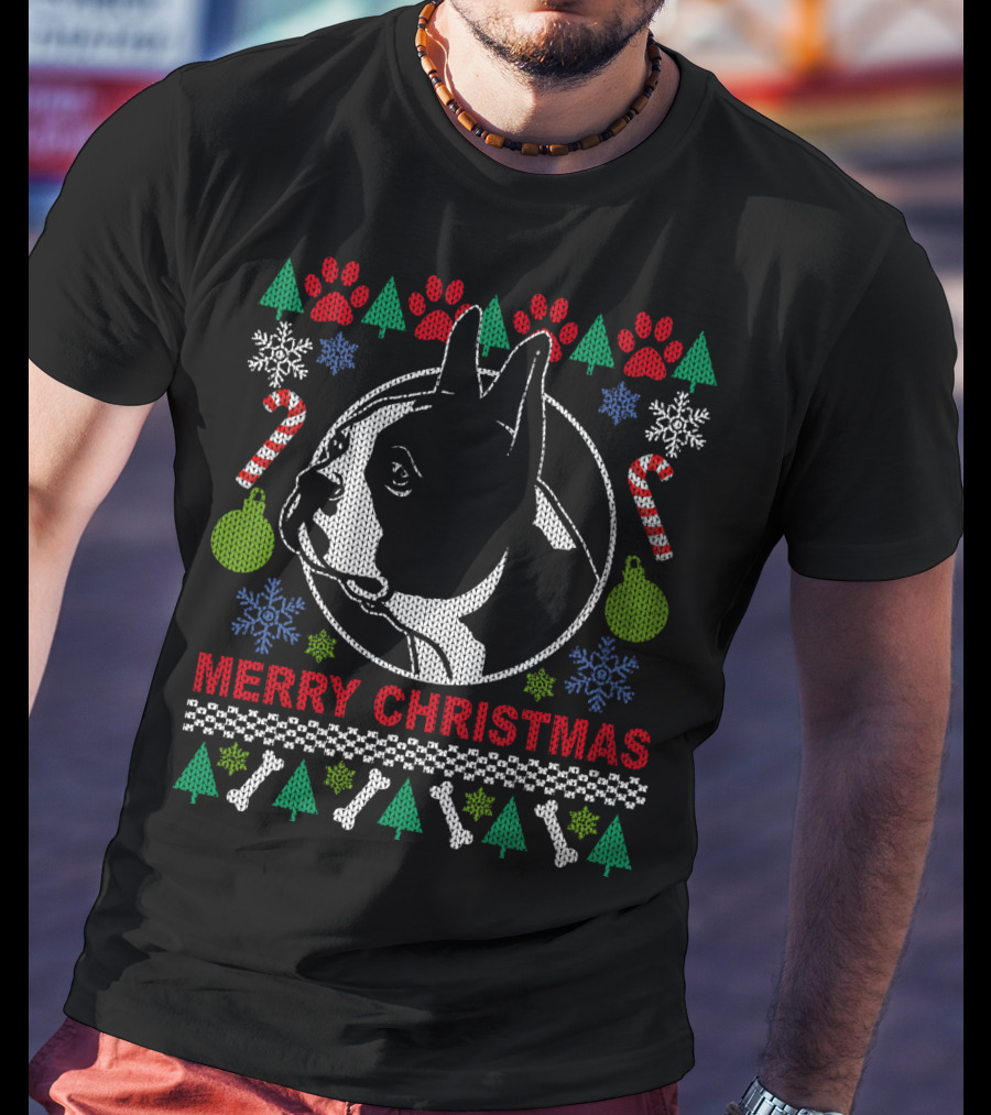 Merry Christmas Boston Terrier Candy Cane Snowflakes Trees T-Shirt