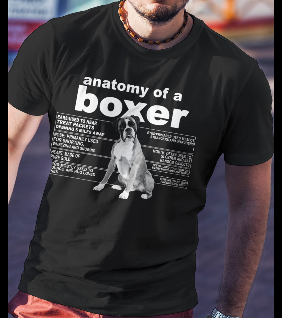 Anatomy Of A Boxer Ears Hear Treats Nose Snort Heart Gold Eyes Spot Mouth Slobber Feet Munch Bum Methane Production T-Shirt