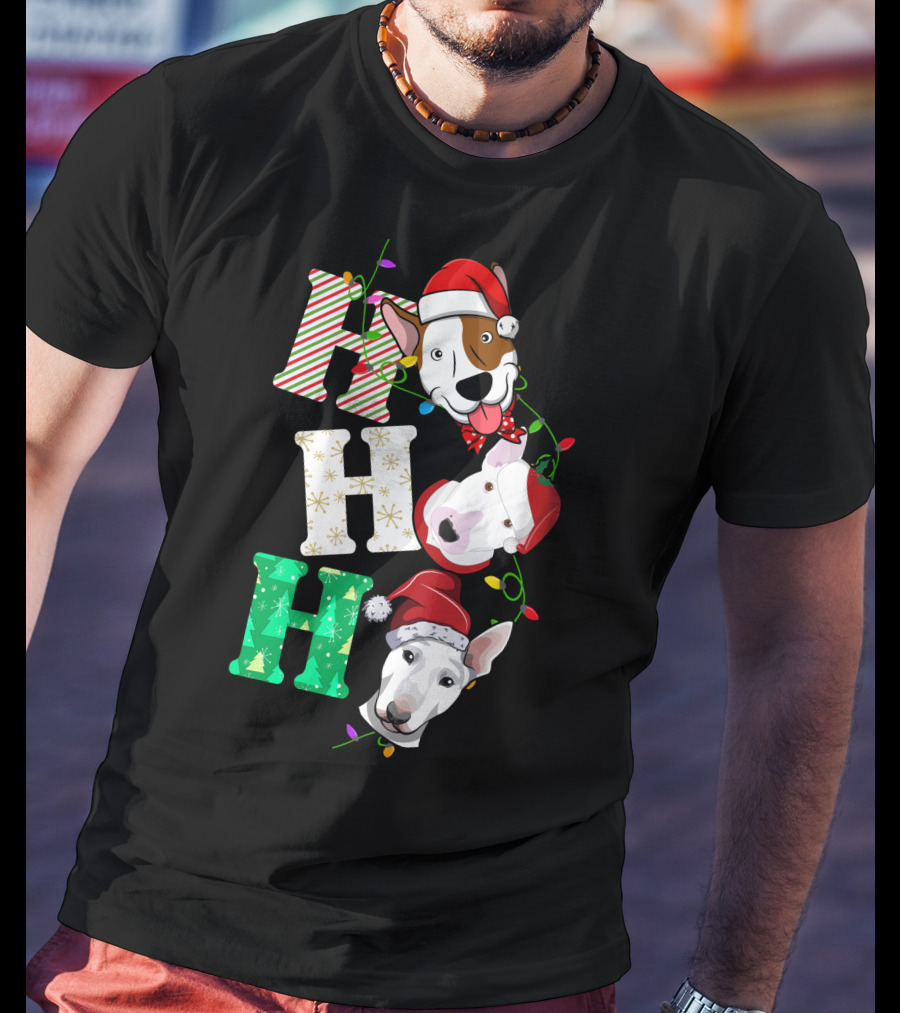Ho Ho Ho Bullterrier Christmas Santa Hats T-Shirt