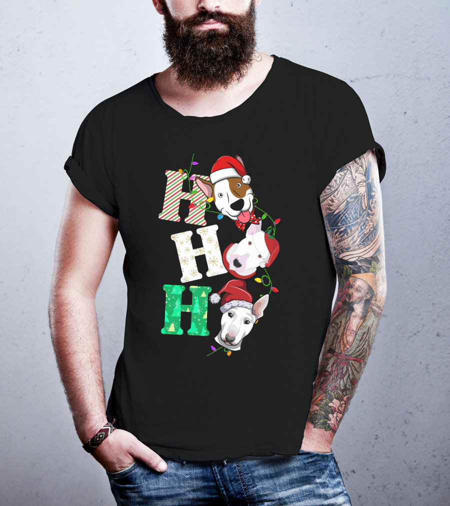 Ho Ho Ho Bullterrier Christmas Santa Hats T-Shirt