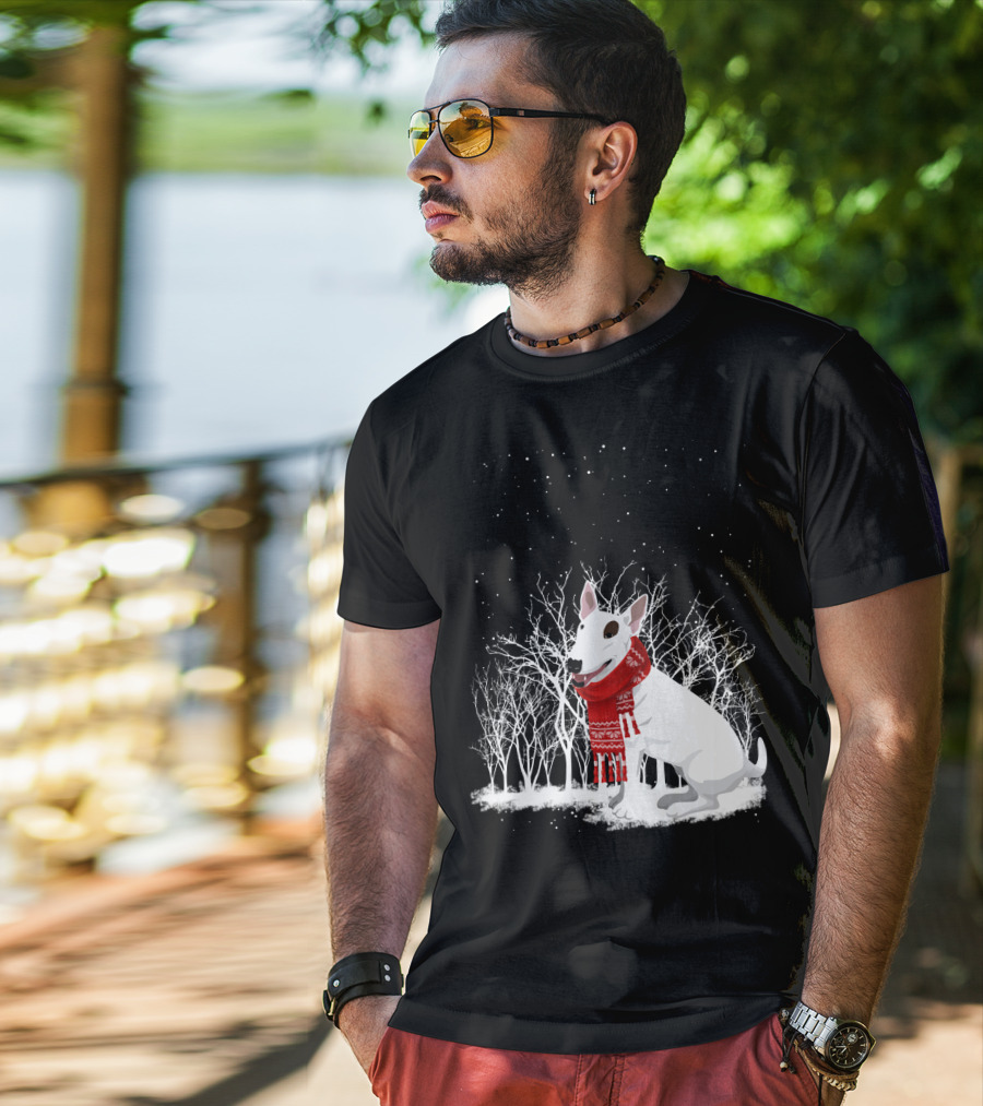 Winter Bullterrier Red Scarf Snowy Forest T-Shirt