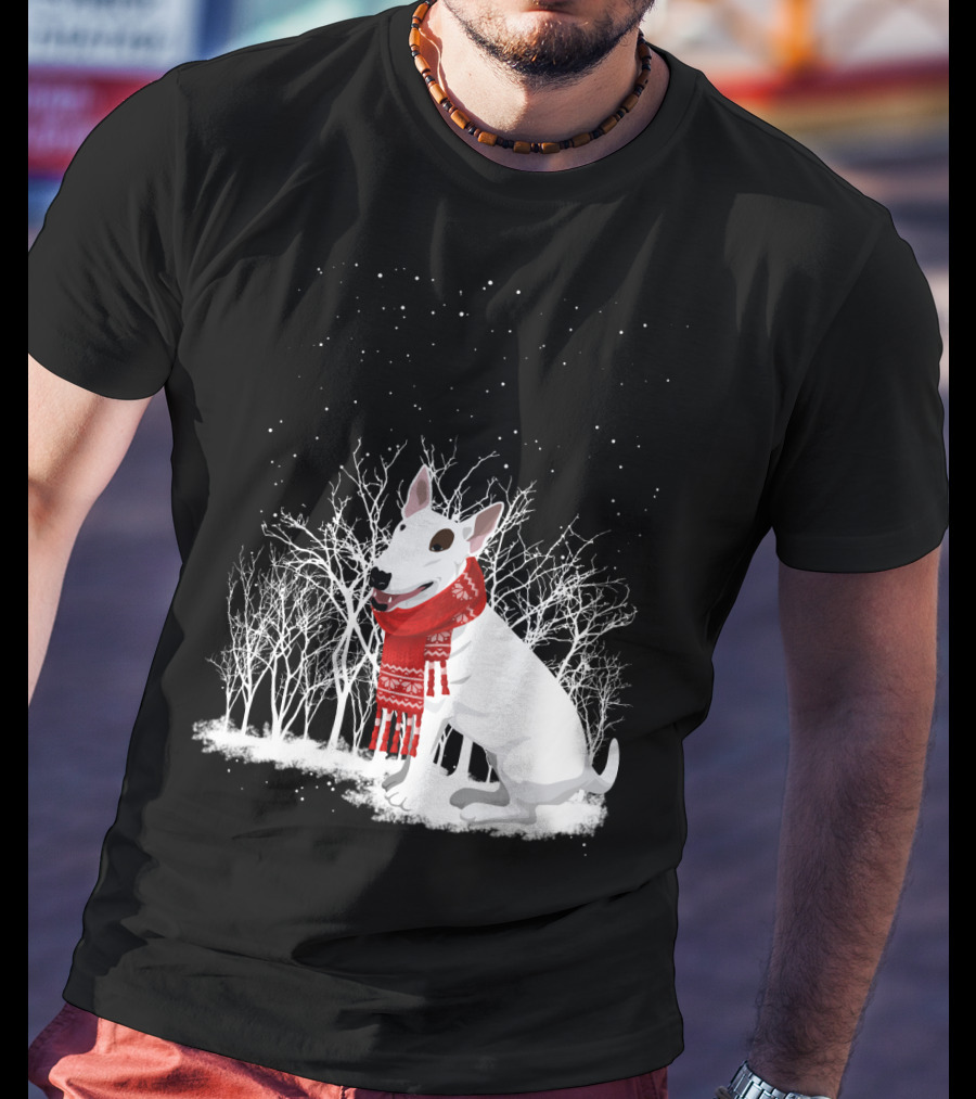 Winter Bullterrier Red Scarf Snowy Forest T-Shirt